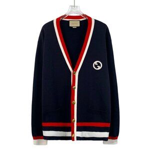 DW0131 Gucci Navy Wool Cardigan With Red & White Trim Gold Buttons Logo